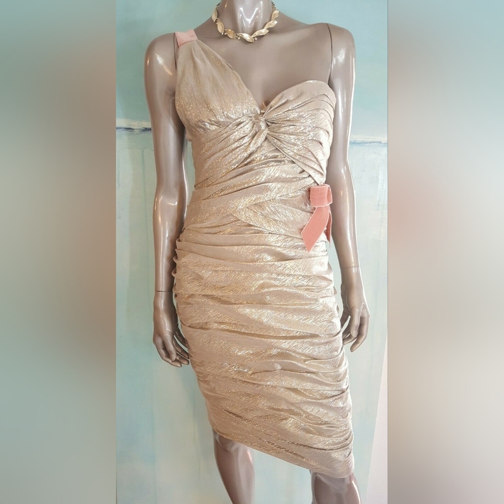$4,800 OSCAR DE LA RENTA STUNNING GOLD LAMÉ SILVER VELVET BOW RUNWAY DRESS US 6